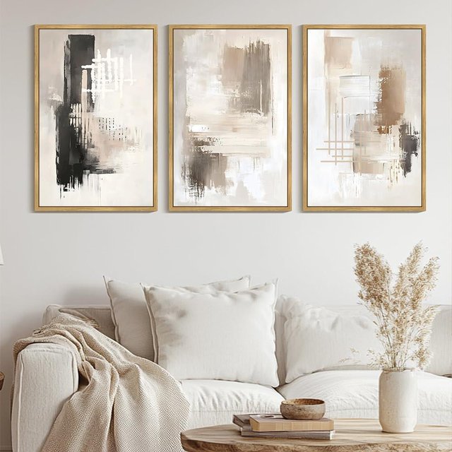 PHOPAGO Modern Abstract Framed Wall Art Huge 24x36in Mid Century Minimalist Beige Pastel Neutral Wall Decor for Living Room Bedroom - Natural Framed