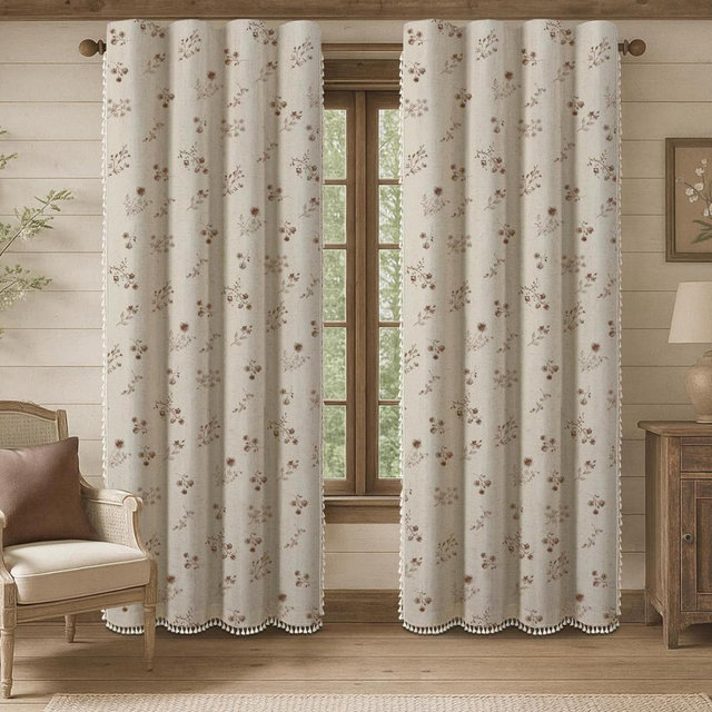 Boho Floral Spring 100% Blackout Curtains 84 Inch Length 2 Panels Set, Linen Texture Farmhouse Curtains with Beige Tassel for Living Room Bedroom, Vintage Rustic Rod Pocket,Brown