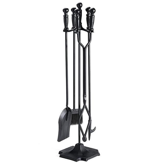 Syntrific 5 Pieces 32inch Fireplace Tool Set Black Cast Iron Fire Place Tool Set with Log Holder Fire Pit Stand Rustic Tongs Shovel Antique Broom Chimney Poker Wood Stove Hearth Accessories Set