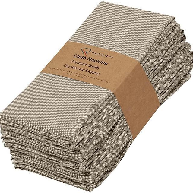 Ruvanti 12 Pack Cloth Napkins, 18x18 Dinner Napkins, Soft, Reusable Napkins, Durable Napkin Cloth Washable, Table Napkins, Polycotton Chambray Fabric Cocktail Napkins for Parties, Wedding –Deep Taupe