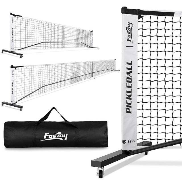 Fostoy Portable Pickleball Net with Wheels, Regulation Size 22 FT & Half Court 11 FT, 18-Ply PE Nets, Steady Metal Frame for All-Weather Resistant Play in Backyards, Driveways, and Garages