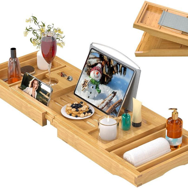 Bathtub Caddy Tray for Tub,Foldable Bath Table Trays,Bamboo Shelf with Book and Wine Glass Holder,Bathroom Accessories Suitable for Luxury Spa or Reading,Natural