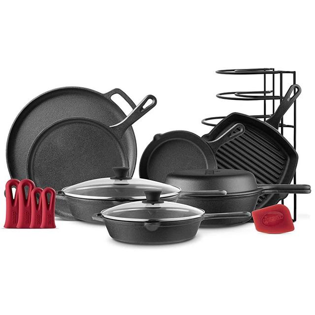 Cast Iron Cookware 11-Pc Set - 8" Skillet + 10" + 12" Skillets with Glass Lid + Grill Pan + Multi-Cooker/Dutch Oven + Griddle + Pizza Pan + Panrack - Pre-seasoned Complete Kit - Indoor/Outdoor Use