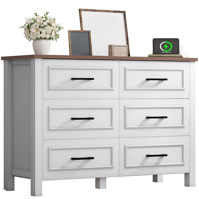 YITAHOME 6-Drawer Dresser with Built-in Power Outlet, Wood TV Stand with 6 Large Drawers & Bar Handles, Dresser Chest of Drawers for Entryway Living Room Hallway, White & Walnut
