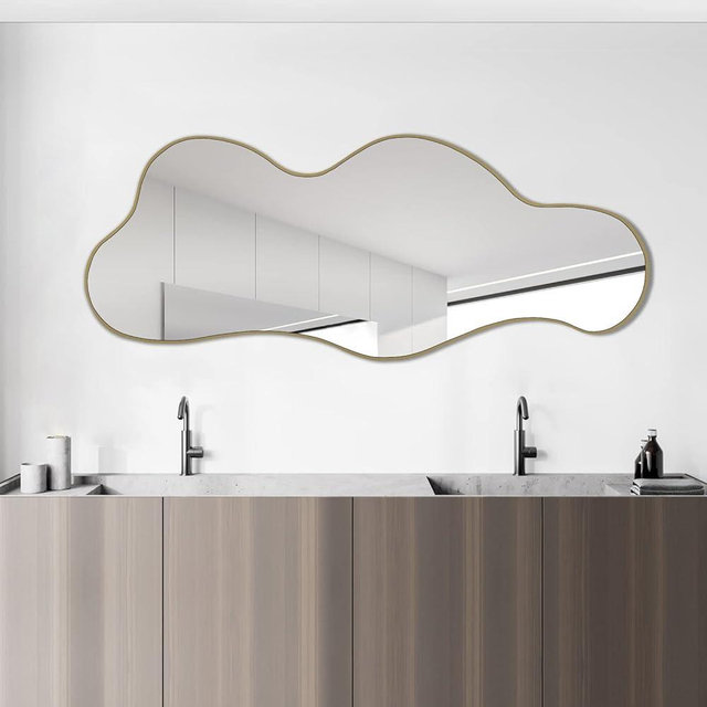 POZINO Irregular Mirror, Asymmetrical Mirror, Cloud Mirror, Wavy Mirror, Bathroom Mirror, Morden Mirror for Wall Decoration, Gold Framed Wall Mirror for Living Room Bedroom Entryway, 39.3"x16"