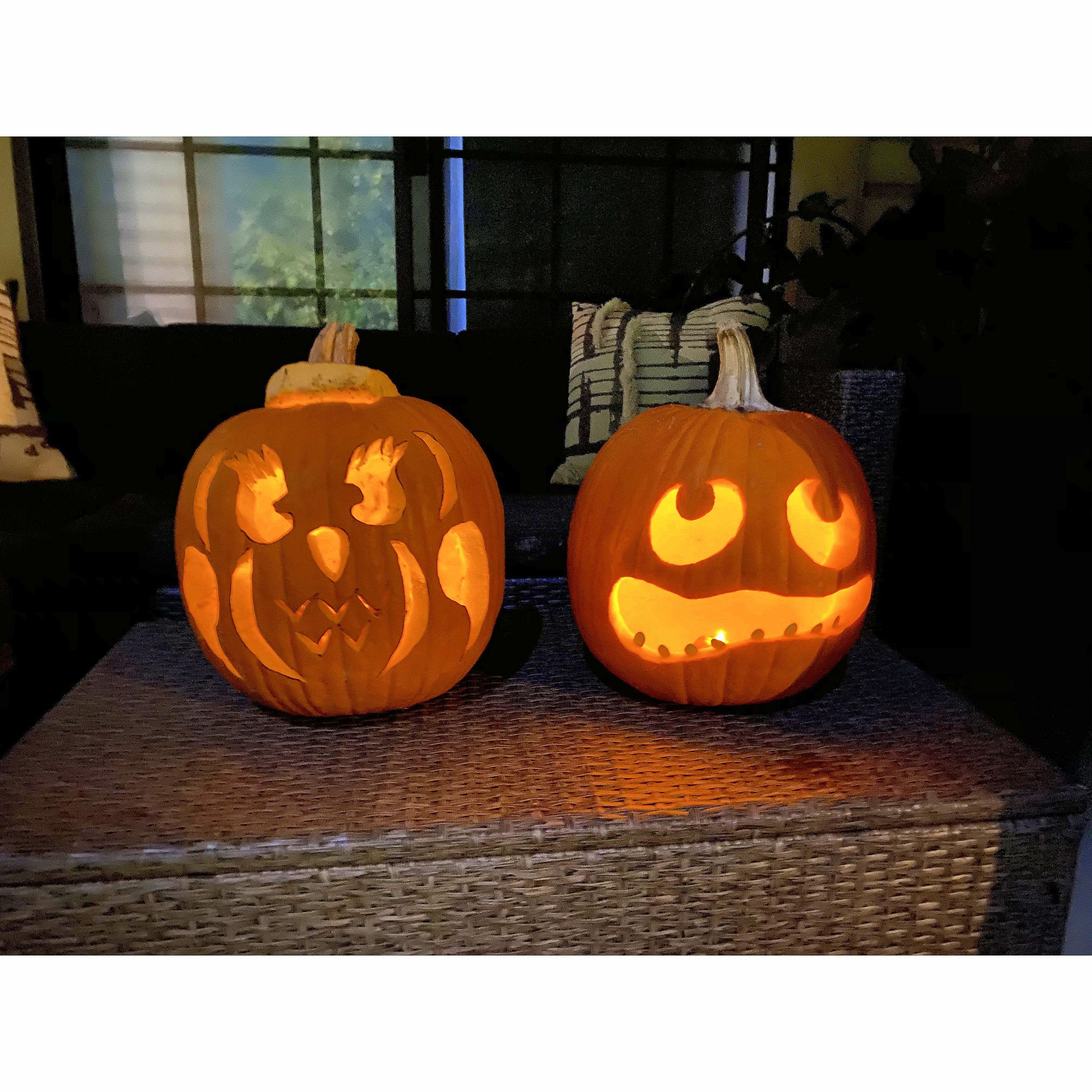 Showing off our best pumpkin carvings before the squirrels ate ALL the teeth out : /