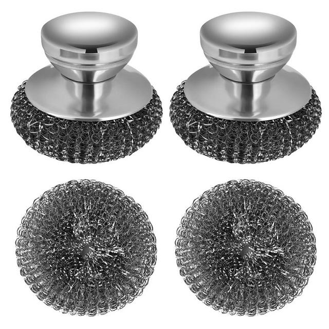Onewly 2Pack Steel Wool Scrubber Set, Stainless Steel Scrubber with Stainless Steel Handle, for Cleaning Dishes, Cast Iron, Stock Pots, Pans, Griddles, Grills