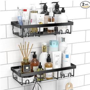 Moforoco Shower Caddy Shelf Organizer Rack, Self Adhesive Black Bathroom Shelves Basket, Home Farmhouse Wall Inside Organization and Storage Decor Rv Accessories, First Camper Apartment Essentials