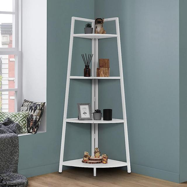 CAPHAUS Tall Corner Shelf Stand, 4-Tier Display Shelves, Ladder Corner Wood Storage Plant Bookshelf with Metal Frame, Versatile Shelving Unit Bookcase for Home Office Space, White