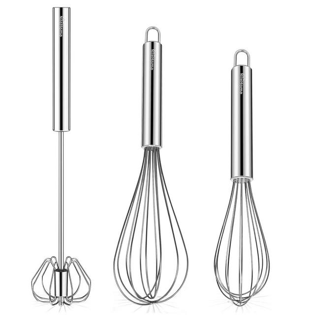 NileHome Stainless Steel Whisk Set 8" 10" hand blender + 12" semi-automatic rotary Kitchen Whisk Balloon Whisk Kitchen Wisk Wire Whisks for Cooking, Whisking, Blending, Beating, Stirring- 3 Pack...