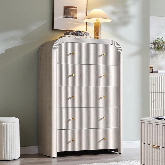 T4TREAM Fluted Dresser with 5 Drawers, 48" Tall Modern Chest of Drawers with Thickened Curved Profile Design, Wood Closet Clothes Storage Organizer for Bedroom, Living Room, Hallway, Alder White