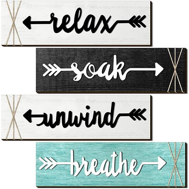 4 Pieces Bathroom Wall Art Soak Relax Unwind Breathe Farmhouse Wooden Signs Rustic bathroom Decor with Arrow Signs Hanging Vintage Bathroom Wall Decor for Home Laundry Room Bathroom (Mixed Color)