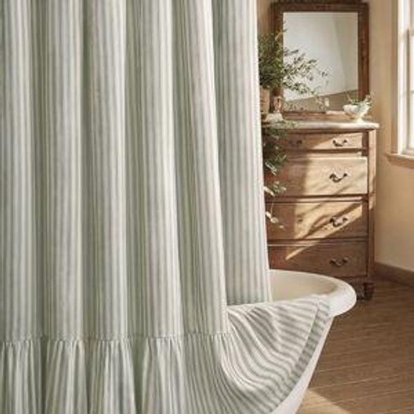 Farmhouse Shower Curtain with Ruffle Hem Linen Shower Curtains for Bathroom Country Vintage Rustic Natural Fabric, Cream-Green Stripe 72" W x 84" L