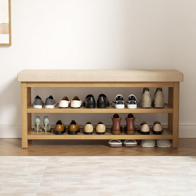 YUUIJOAA 2 Tier Shoe Rack Bench with Cushion, Rubberwood Shoe Benches, Mid-Century Modern Shoe Storage Bench for Entryway, Hallway, Living Room, Closet, Front Door Entrance, Light Brown