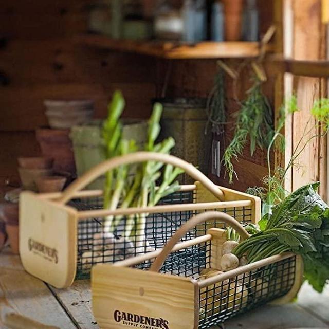 Large Garden Hod, 19" L x 11" W x 11" H - Basket is 5-1/2" H, Wooden Frame Vinyl Covered Mesh Basket for Garden Harvest