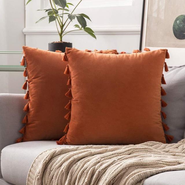 MIULEE Pack of 2 Velvet Soft Decorative Throw Pillow Covers with Tassels Fringe Boho Accent Cushion Case for Couch Sofa Bed 16 x 16 Inch Orange