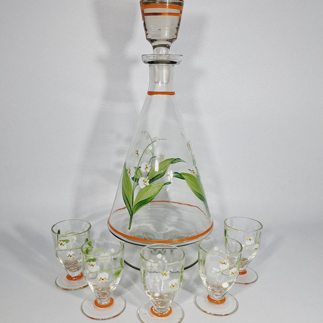 Liqueur service shot glasses lily of the valley around 1920