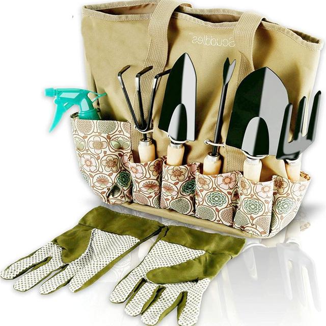 Scuddles Garden Tools Set - 8 Piece Heavy Duty Gardening Kit with Storage Organizer, Ergonomic Hand Digging Weeder Rake Shovel Trowel Sprayer Gloves Gift for Men Or Women