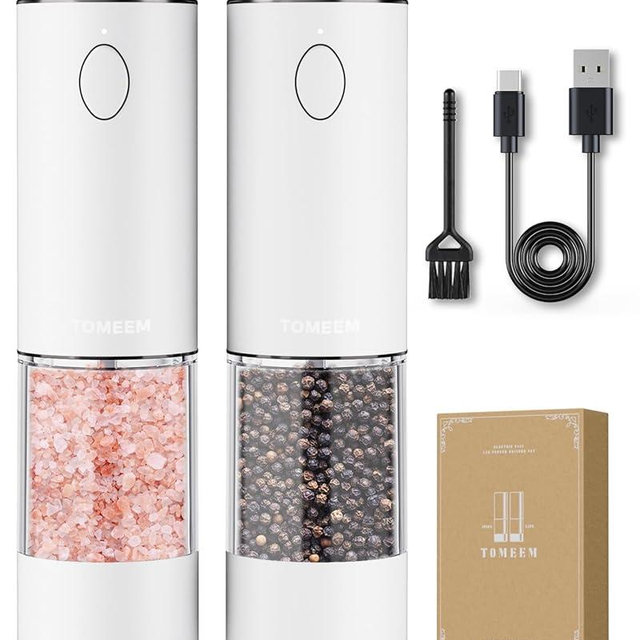 TOMEEM Upgraded Larger Capacity Electric Salt and Pepper Grinder Set Rechargeable with LED lights, Stainless Steel Automatic Pepper and Salt Grinder Refillable with 5 Adjustable Coarseness White