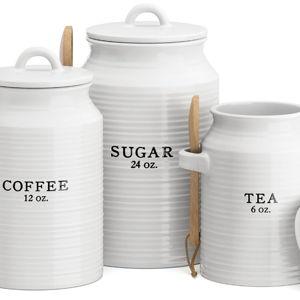 Barnyard Designs Canister Set for Kitchen Counter, Coffee Tea Sugar Container Ceramic Set, Decorative Canisters, Rustic Farmhouse Canister Jars, White (Coffee/Sugar/Tea)