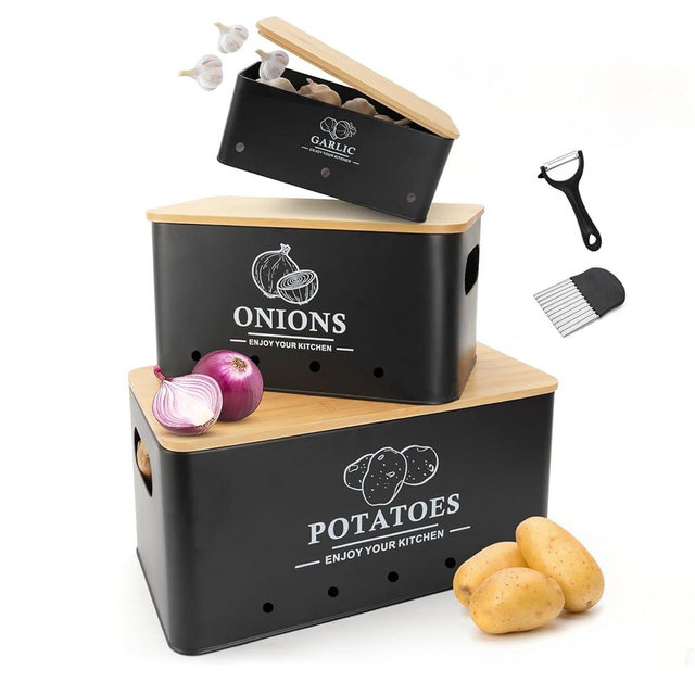 Dekosilave Kitchen Vegetable Storage Set of 3, Metal Onion Garlic Potato Storage Set, Kitchen Canisters Vegetable Keeper Containers with Aerating Holes and Wooden Lid (Black)