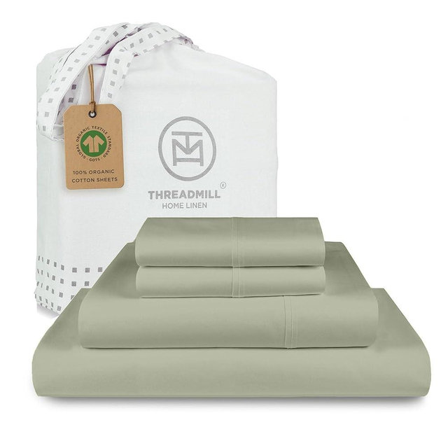Threadmill Luxury Organic Cotton Sheets - GOTS Certified 4 Piece King Sage Green Percale Sheets Set, Breathable, Premium Sheet Set - Smooth & Cool Bedding Perfect Elastic Deep Pocket Fit