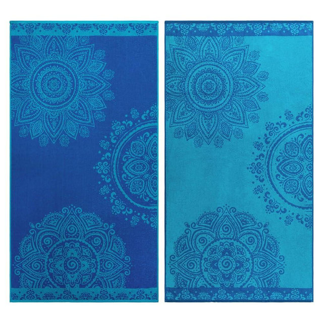 Superior Cotton Beach Towel Set, Absorbent Boho Floral Beach Towels for Swimming, Pool, Camping, Bathroom, Shower, Quick Drying Basics, Adult, Kids, Floral Mandala Collection, 34" x 64", Blue, 2 Piece