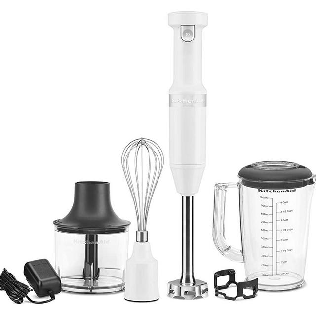 KitchenAid KHBBV83WH Cordless Variable Speed Hand Blender with Chopper and Whisk Attachment, White