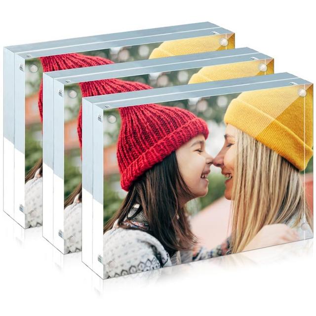 ILYXY 3 Pack Acrylic Frame 3.5x5, 20% Thicker, 20mm Thick Frameless Clear Picture Frame, Double Sided Magnetic Photo Frame, Free Standing Desktop Display Stand Acrylic Picture Frames