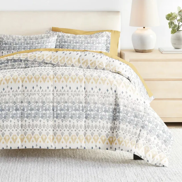 7PC Bedding Bundle, Patterned Comforter and Solid Sheet Set - Becky Cameron, Mayan Stamp Gray, King