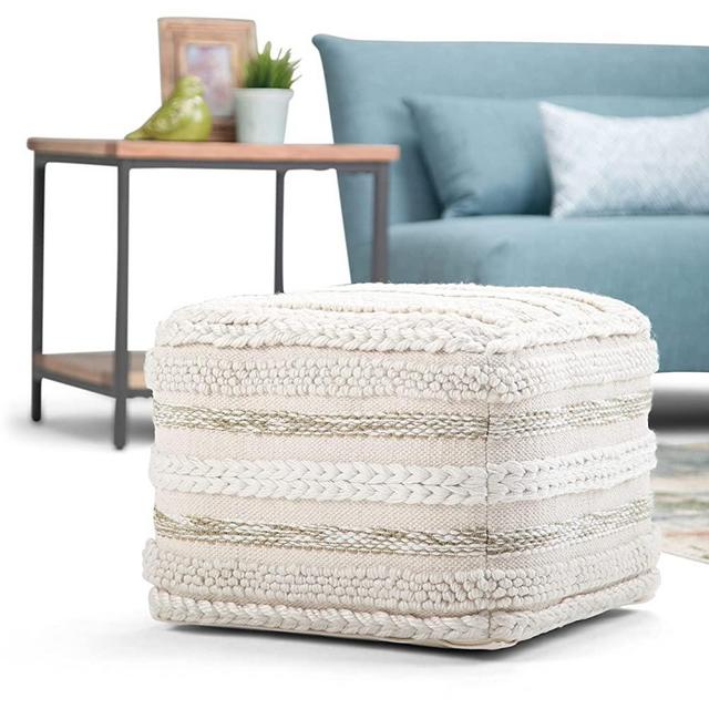 SIMPLIHOME Sommer Square Pouf, Footstool, Upholstered in Natural Handloom Woven Cotton Pattern, for the Living Room, Bedroom and Kids Room, Boho, Contemporary, Modern