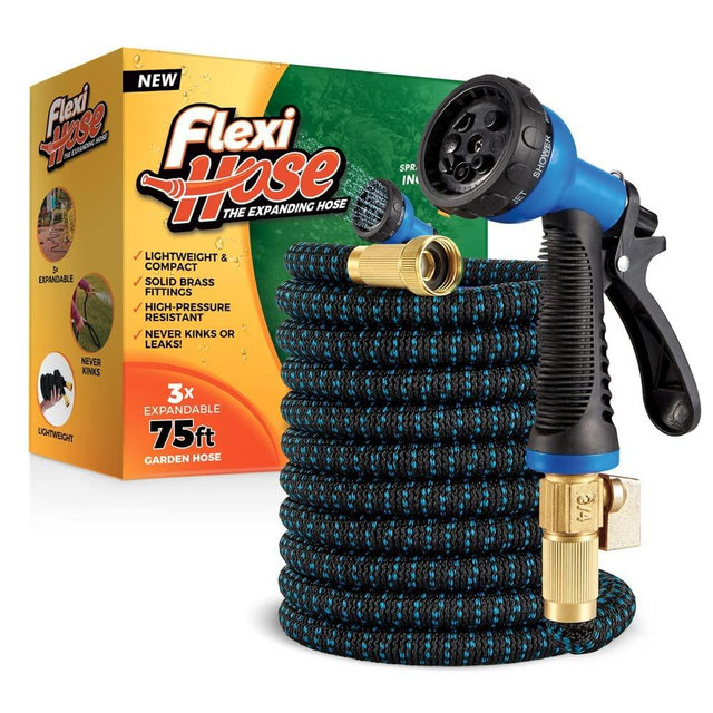Flexi Hose with 8 Function Nozzle, 75FT - Lightweight Expandable Garden Hose, No-Kink Flexibility, 3/4 Inch Solid Brass Fittings and Double Latex Core