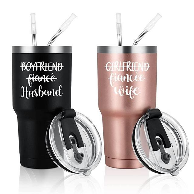 Gtmileo Husband Wife Stainless Steel Insulated Travel Tumbler Set, Wedding Engagement Anniversary Bridal Shower Gifts for Couple Bride Groom Mr Mrs Newlyweds, His and Hers Gifts(30oz, Rose Gold&Black)