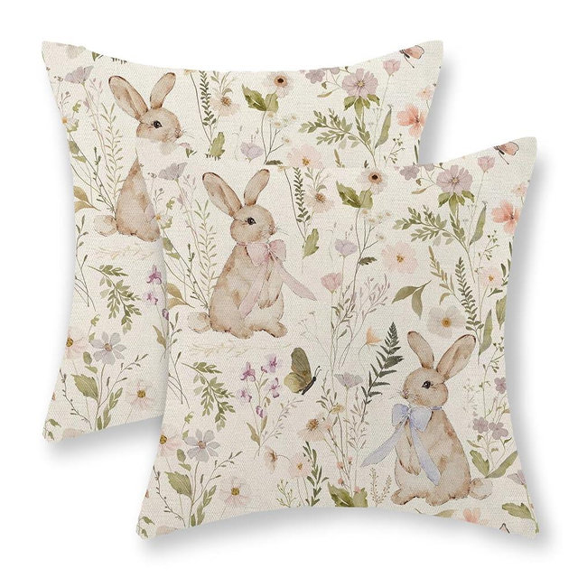 Spring Easter Pillow Covers 18x18 Inch Set of 2 Botanical Watercolor Floral Bunny Throw Pillows Flower Rabbit Decorative Pillow Cases Outdoor Decor Linen Farmhouse Cushion Case for Couch Home