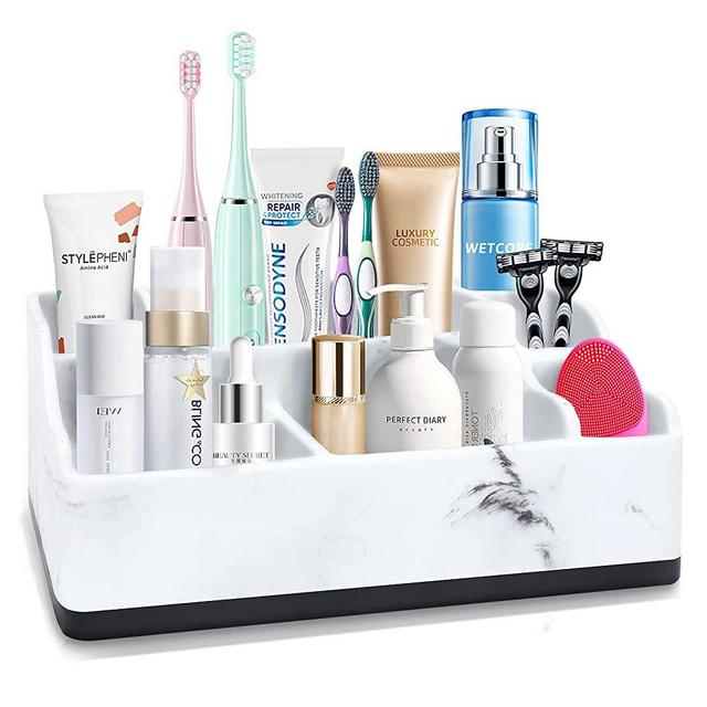 TOSHISON Toothbrush Holder Bathroom Organizer Countertop, New 7 Slots Electric Tooth Brush Toothpaste Holder Bathroom Counter Stand Sink Organizer Caddy for Vanity Makeup Brushes -White Marble Look