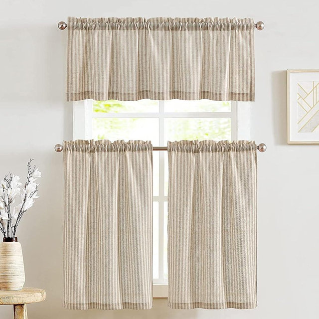 jinchan Striped Kitchen Curtains and Valance Set 24 Inch Tier Curtains Small Drapes Pinstripe for Cafe Living Room 3 Pieces Set Rod Pocket Taupe 25% Linen 75% Polyester