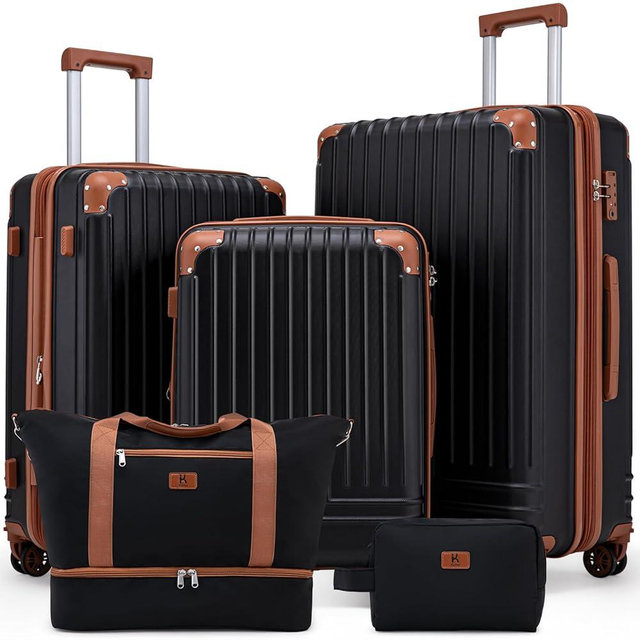KUNEL Expandable 5 Piece Luggage Sets with Detachable Spinner Wheels and TSA Lock, Unisex Hardside ABS Suitcase Set, Hardshell Lightweight Waterproof Travel Hard Case Suitcases with Wheels, Black
