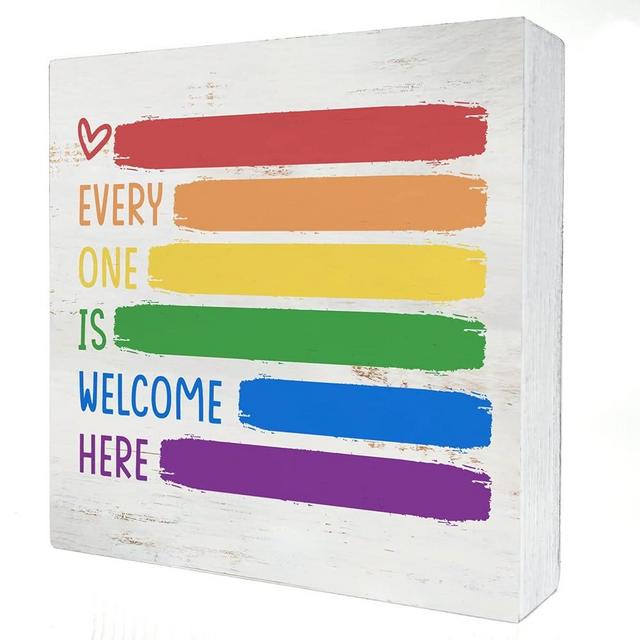 Every One is Welcome Here Wood Box Sign Decor Rustic Pride Rainbow Quote Wooden Box Sign Block Plaque for Wall Tabletop Desk Home Office Classroom Decoration 5" x 5"