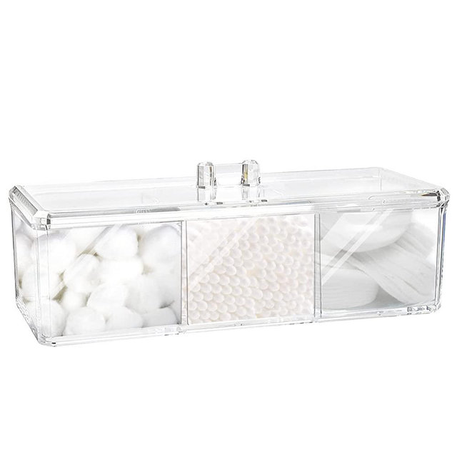Square Qtip Holder Dispenser, 3 Compartments Cotton Ball Holder, Bathroom Canisters for Cotton Swab, Ball, Cotton Pad Organizer, Clear Acrylic Containers with Lid for Bathroom Vanity Countertop