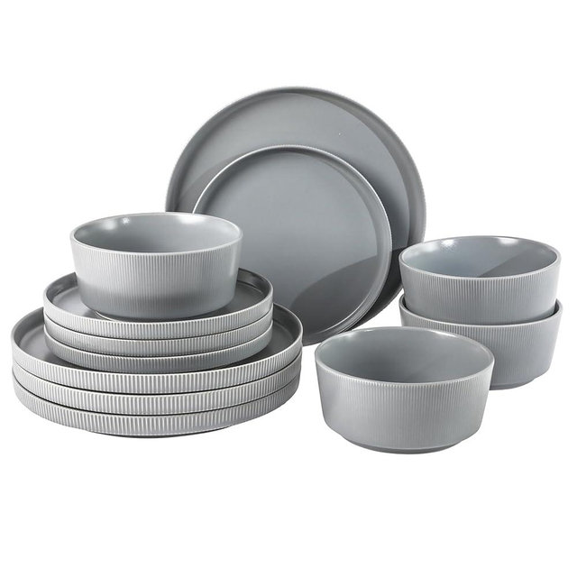 Gibson Home Dempsey Road 12-Piece Stoneware Dinnerware Set – Service for 4, Round Grey Plates and Bowls, Durable Solid Color Modern Embossed Dish Set, Microwave & Dishwasher Safe