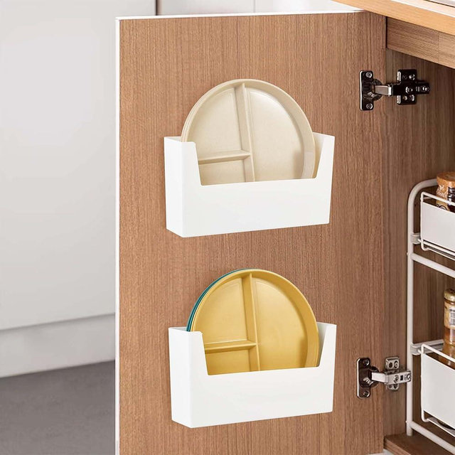 Urukutsa Adhesive Lids Organizer Inside Cabinet 2 Pack Door Mounted Container Lids Holder No Drilling Under Sink Cupboards Storage Baskets for Home Kitchen Bathroom, White