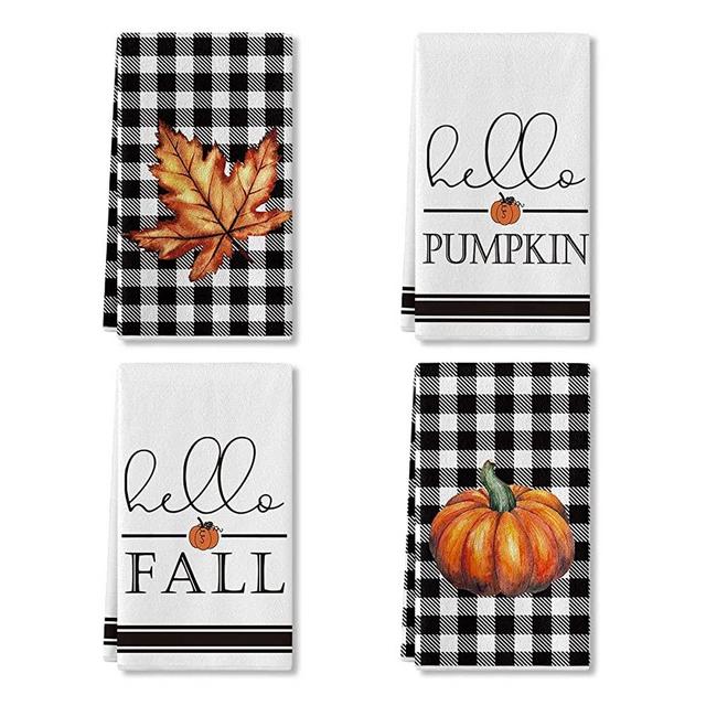 Artoid Mode Hello Fall Hello Pumpkin Kitchen Towels Dish Towels, 18x26 Inch Autumn Thanksgiving Buffalo Plaid Maple Leaf Tea Hand Towel Set of 4