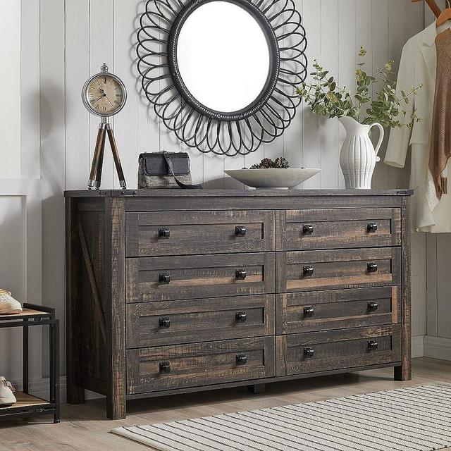 T4TREAM Farmhouse 8 Drawers Dresser Chests for Bedroom, Wood Rustic Wide Chset of Drawers,Storage Dressers Organizer for Bedroom, Living Room,Hallway, Dark Rustic Oak