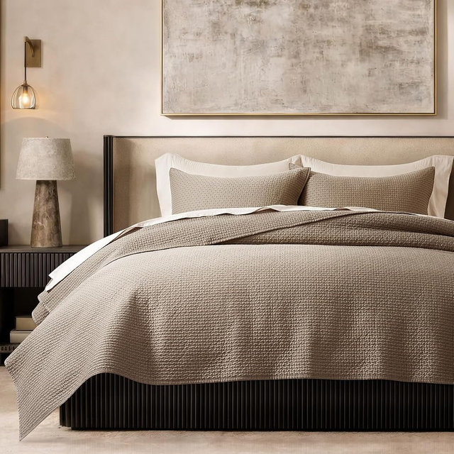 EVERGRACE Cotton Sateen Pick-Stitch Quilt Set King Size – 100% Cotton Coverlet Bedding, Pre-Washed Oversized Bedspread, Breathable All-Season Quilt Set with 2 Shams, Stone Taupe