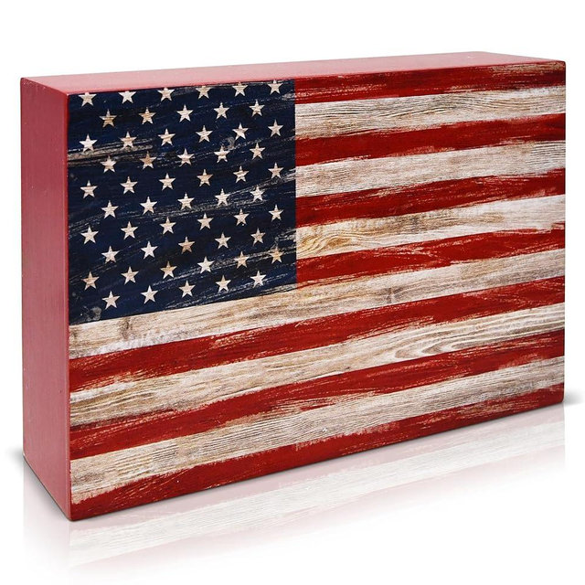 Patriotic Decor July 4th Box Sign Independence Day Labor Wood American Flag Home of the Free Because of the Brave Farmhouse Rustic Wooden Block