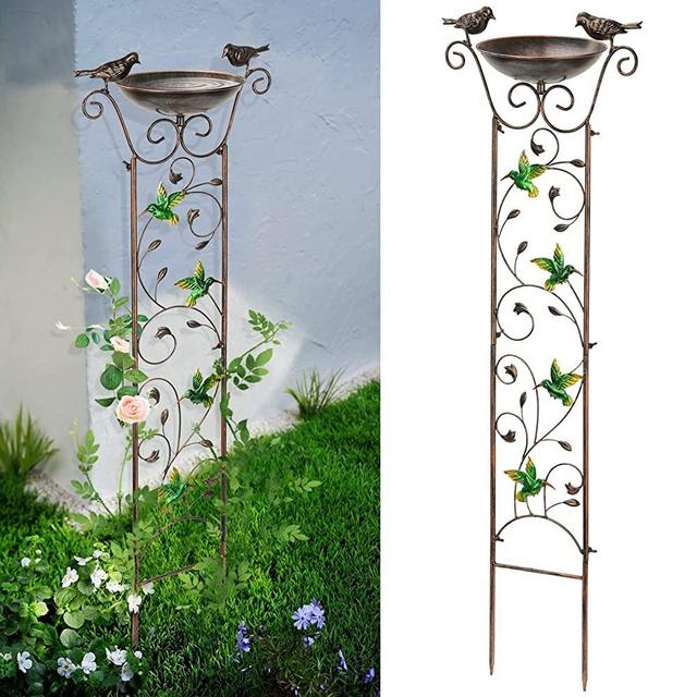 Bird Bath with Trellis Outdoor, Antique Garden Iron Plant Trellis with Decorative Hummingbirds Detachable Bird Bath Bowl Metal Potted Plant Support for Climbing Flowers