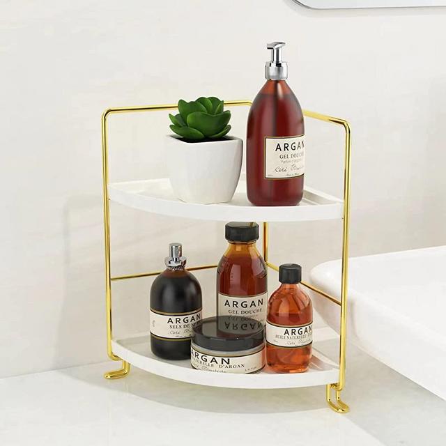 JANUS LiANG 2-Tier Spice Rack Corner Storage Shelf Makeup Organizer Stackable Cosmetic Holder Standing Counter Shelf for Bathroom, Kitchen, Countertop, and Vanity (Gold)