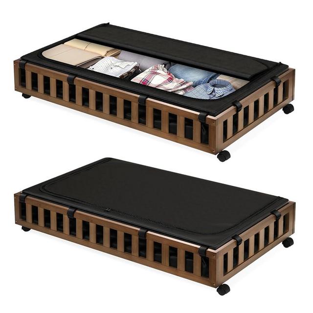 Gashell 2 Pack Bamboo Under Bed Storage with Wheels, 39”x20”x7.8” Lager Under Bed Storage Containers (Brown)