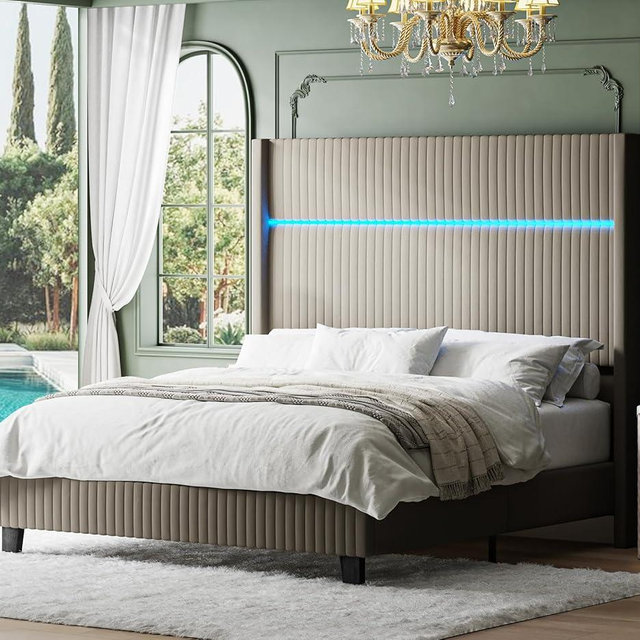 EcoHarbor Metal Platform Bed Frame Queen Size with LED Light Velvet Upholstered Tall Headboard, No Box Spring Needed, Taupe