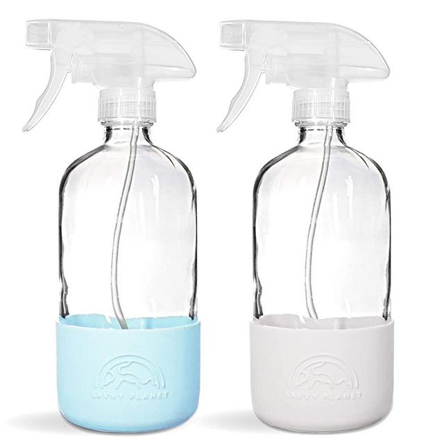 SAVVY PLANET Empty Clear Glass Spray Bottles with Silicone Sleeve Protection - Refillable 16 oz Containers for Cleaning Solutions, Essential Oils, Misting Plants - Quality Sprayer - 2 Pack - Pastel